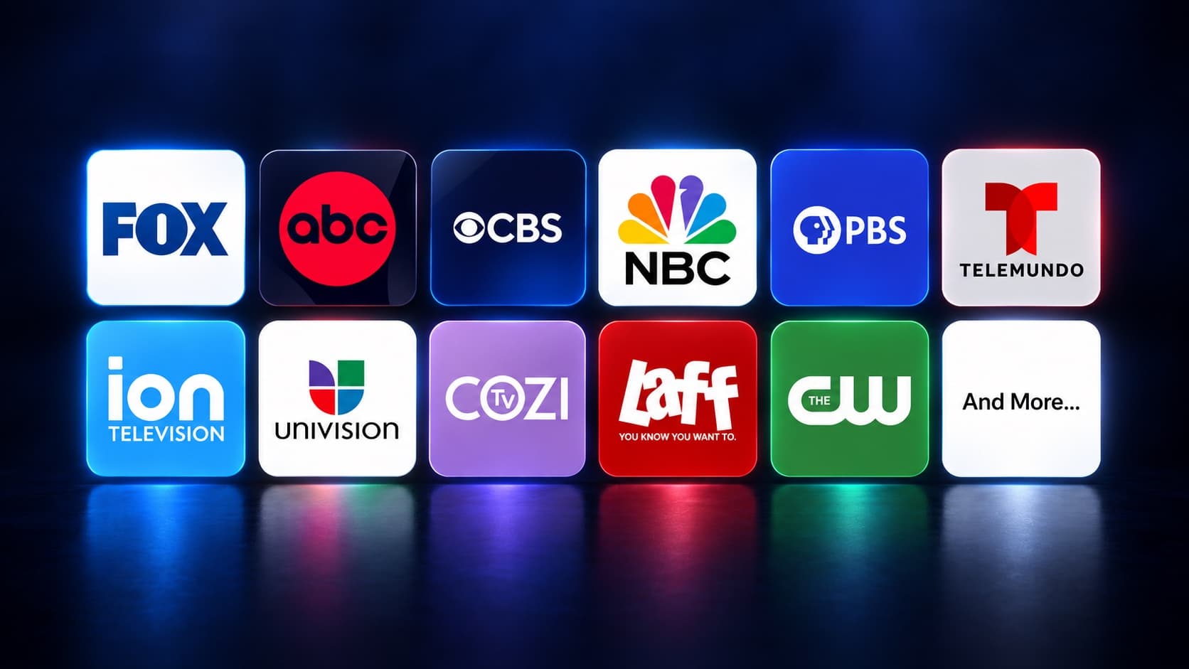 Glowing tiles for FOX, ABC, CBS, NBC, PBS, Telemundo, ION, Univision, Cozi TV, Laff and The CW