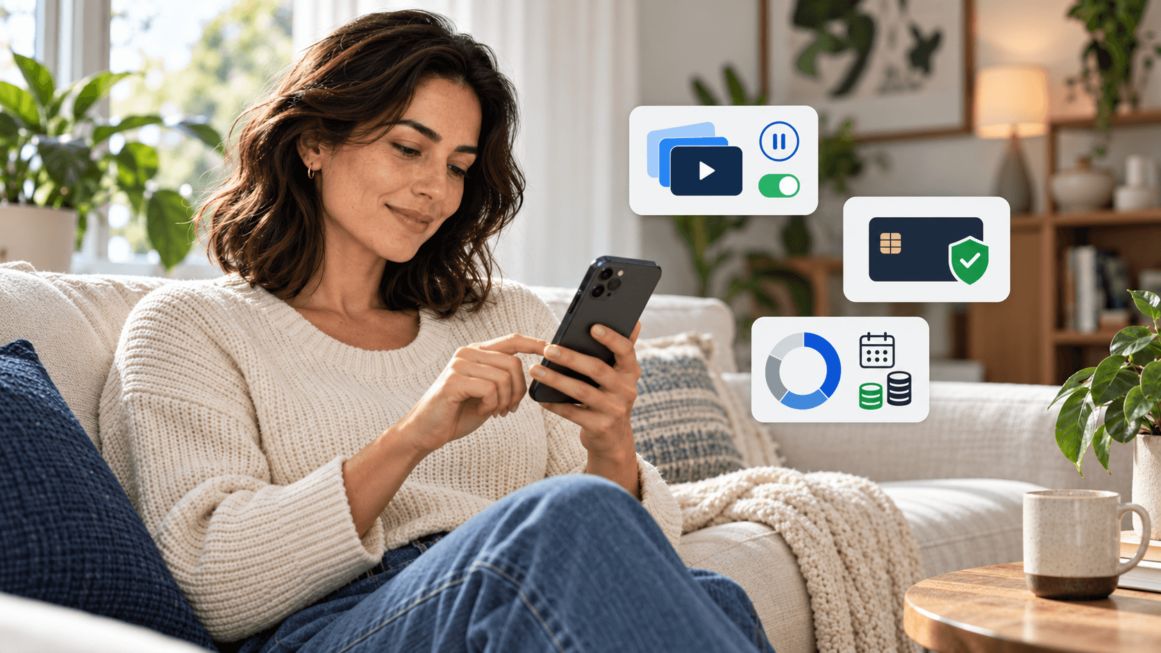 A person on a couch managing streaming subscriptions on a phone with MediaPay
